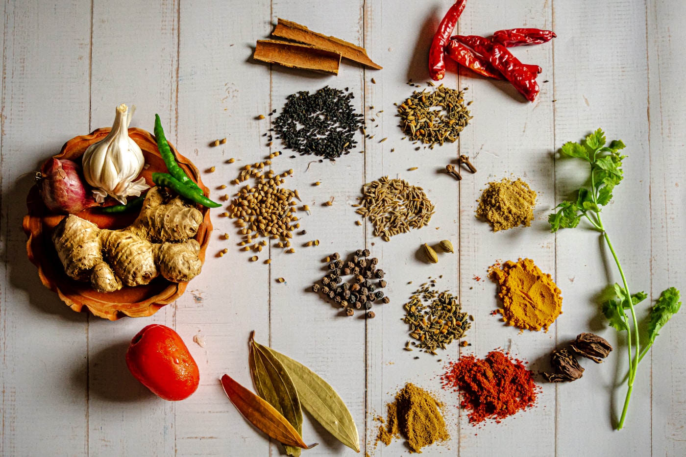 Thai aromatics and spices laid out on a board